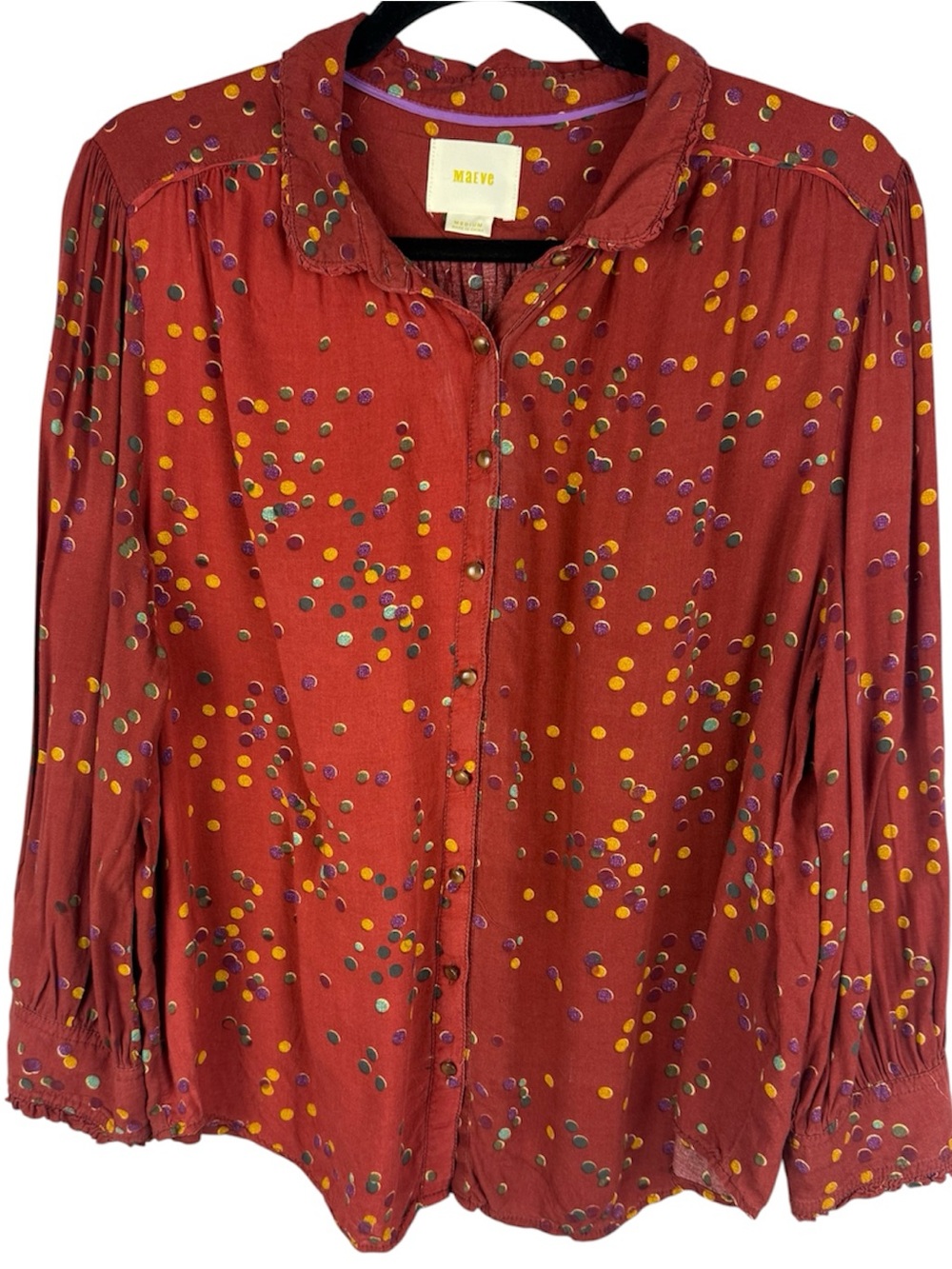 Maeve Anthropologie Rust Red Confetti Polka Dot Button Down Blouse Sz M